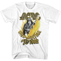 White AC/DC t-shirt featuring AC/DC 1976 vintage tour shirt design