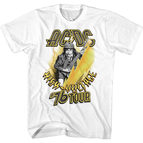 White AC/DC t-shirt featuring AC/DC 1976 vintage tour shirt design