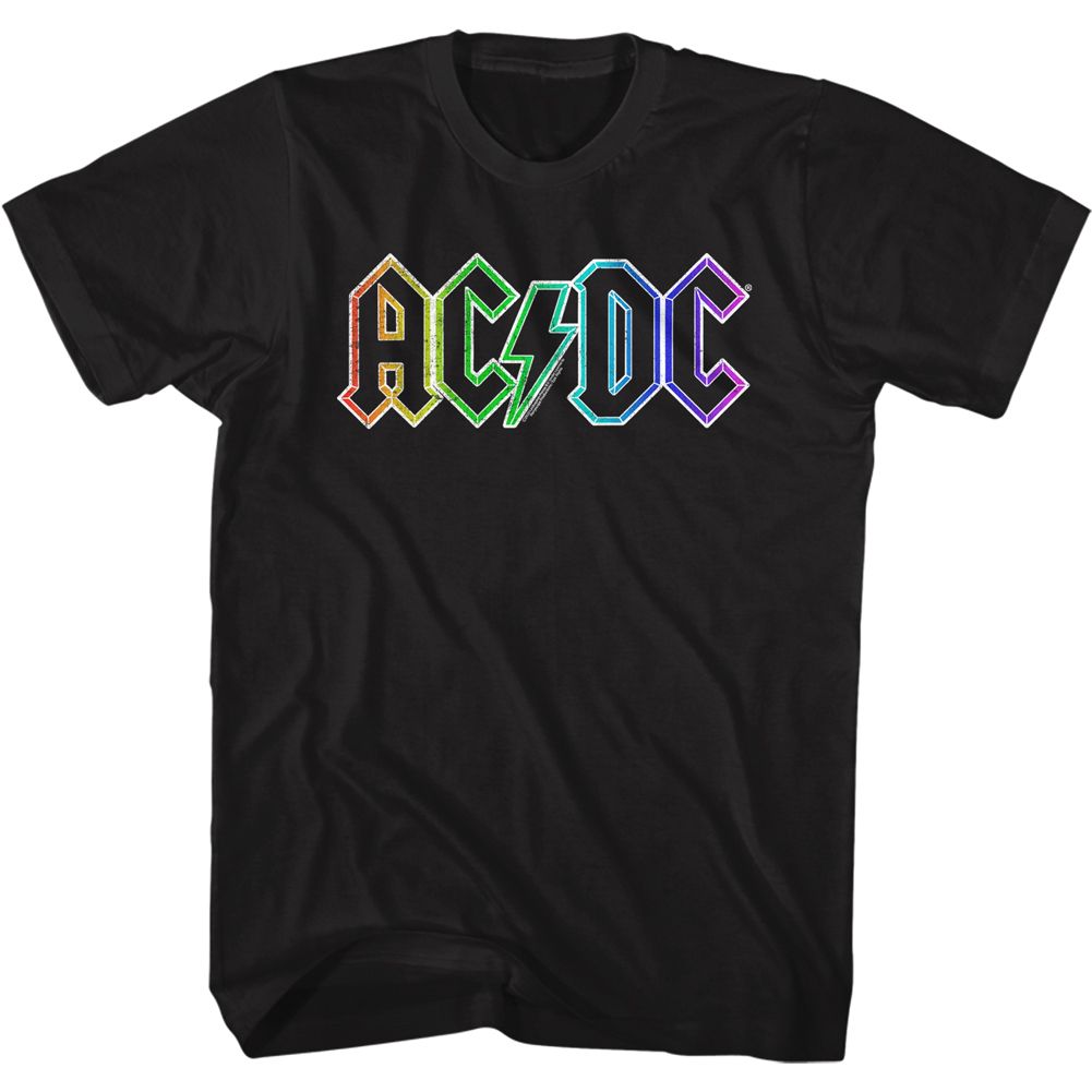 Black AC/DC t-shirt featuring AC/DC rainbow logo color design