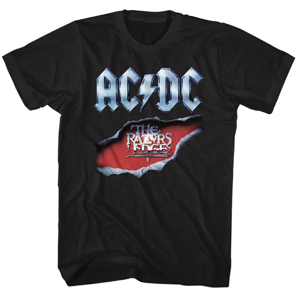 Black AC/DC t-shirt featuring Razors Edge 1990 album AC/DC design