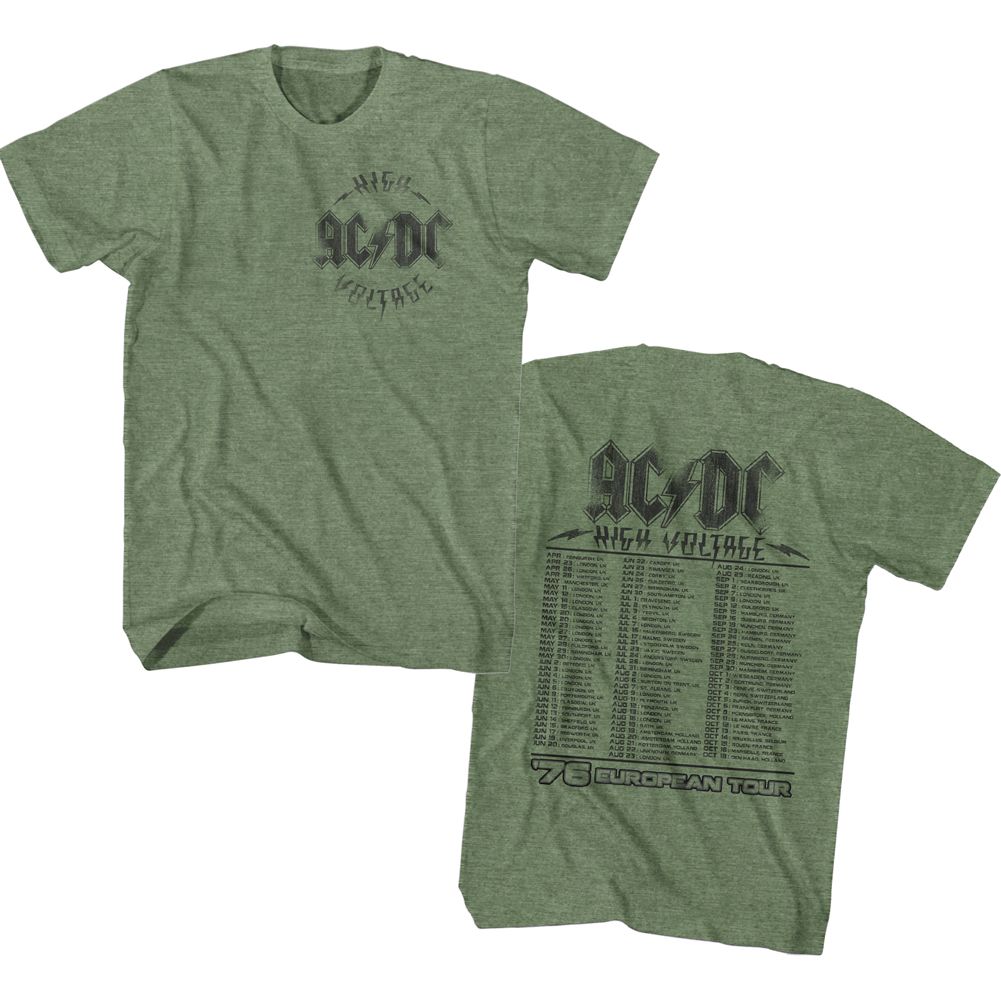 Military green heather AC/DC t-shirt featuring High Voltage 1976 tour vintage shirt design