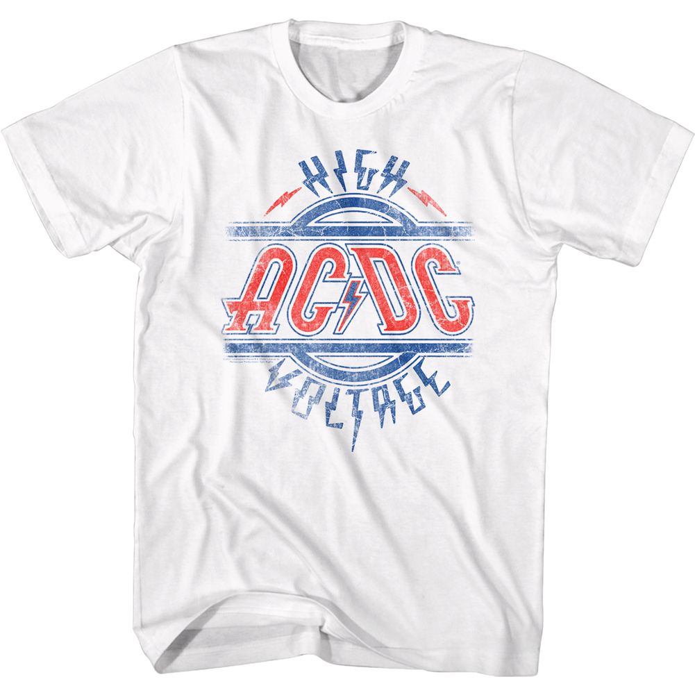 White AC/DC t-shirt featuring AC/DC red white blue Americana design
