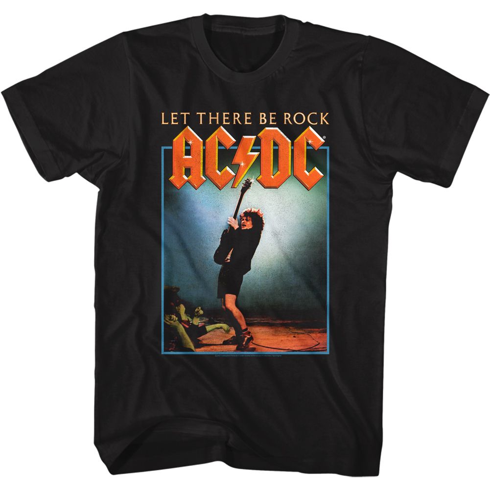 Black AC/DC t-shirt featuring Let There Be Rock 1977 album AC/DC design