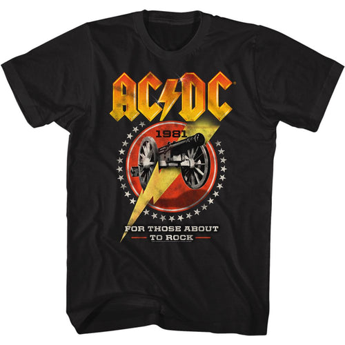 Black AC/DC t-shirt featuring AC/DC cannon lightning bolt design