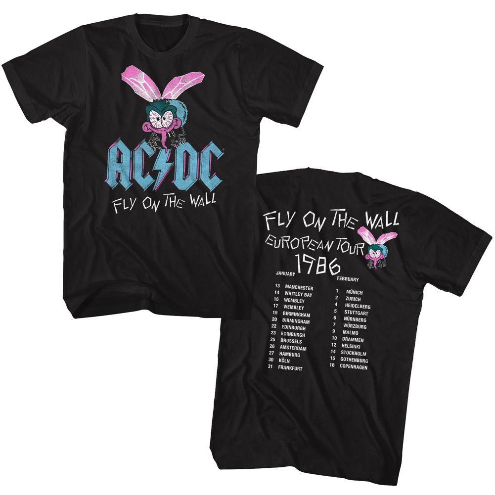 Black AC/DC t-shirt featuring Fly on the Wall European tour vintage design