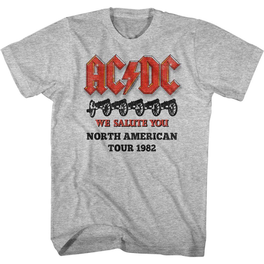 Graphite heather AC/DC t-shirt featuring AC/DC cannons saluting design For Those About to Rock