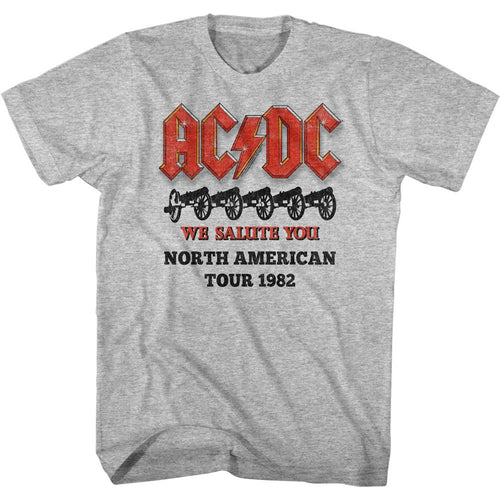 Graphite heather AC/DC t-shirt featuring AC/DC cannons saluting design For Those About to Rock