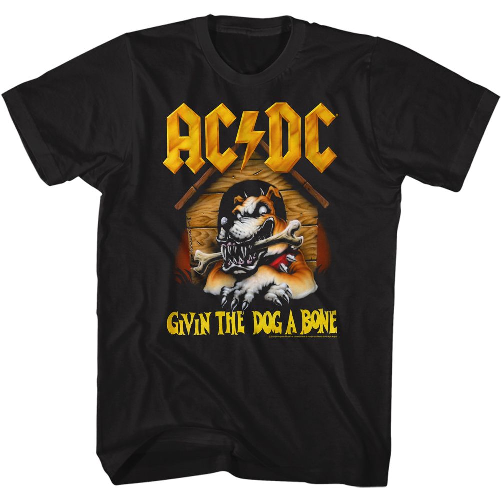 Black AC/DC t-shirt featuring Givin the Dog a Bone short title design