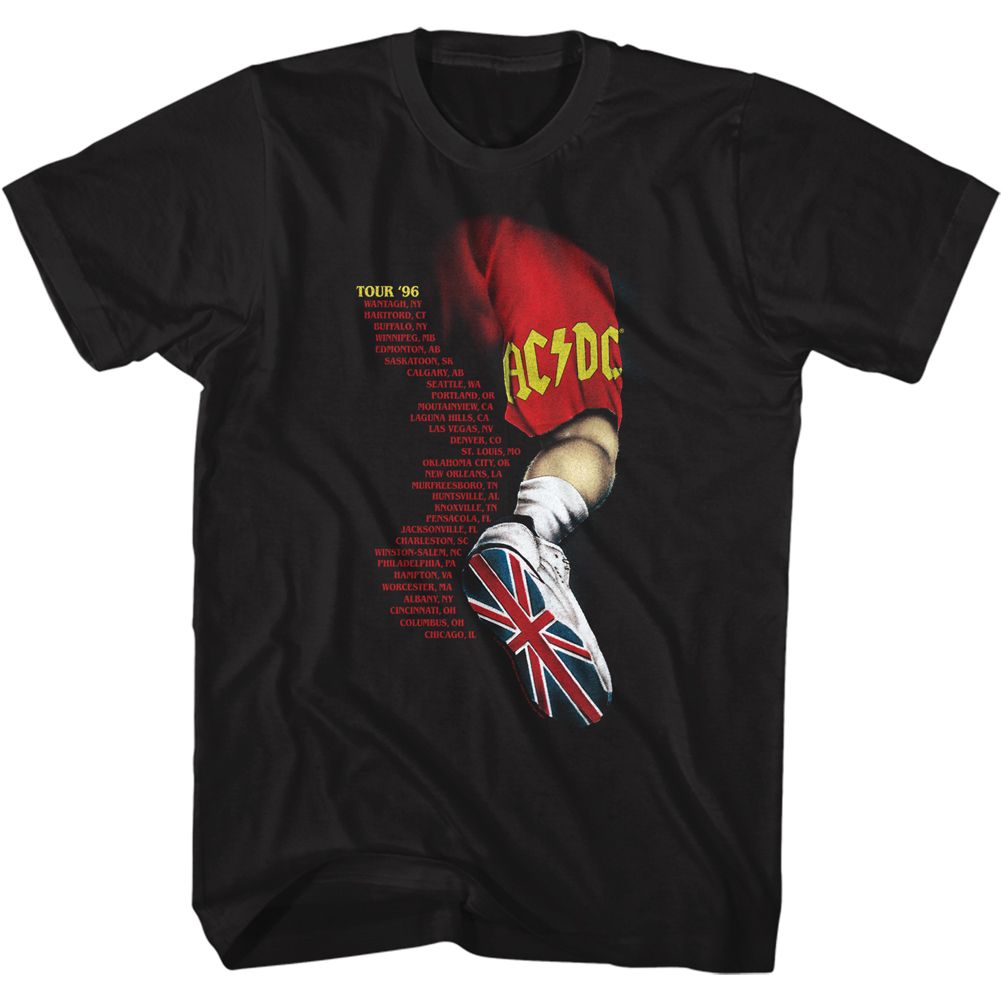 Black AC/DC t-shirt featuring AC/DC Angus Young schoolboy leg design