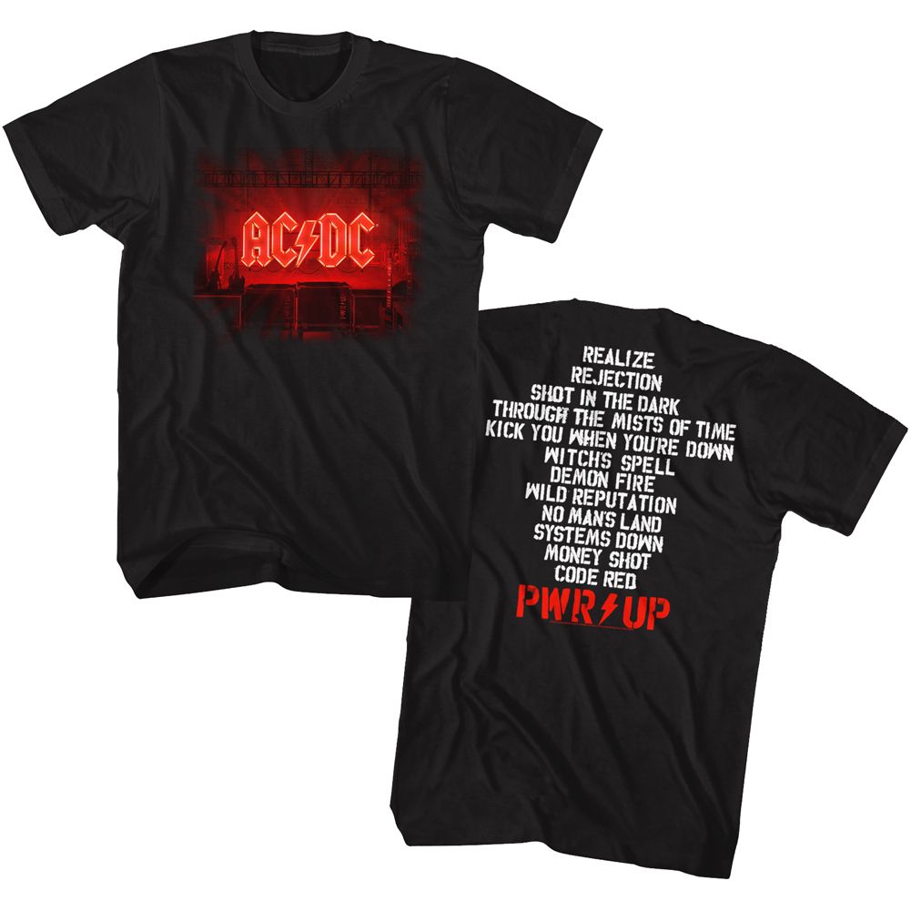 Black AC/DC t-shirt featuring Power Up 2020 album track listing design