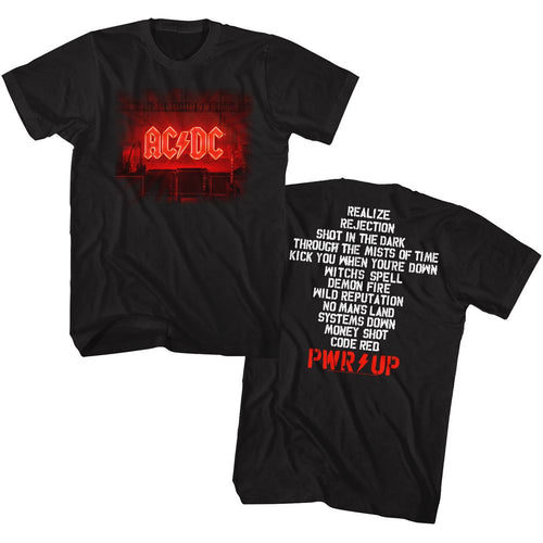 Black AC/DC t-shirt featuring Power Up 2020 album track listing design