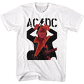 White AC/DC t-shirt featuring Angus Young devil horns and lightning bolt design
