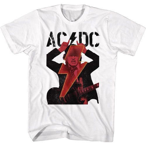 White AC/DC t-shirt featuring Angus Young devil horns and lightning bolt design
