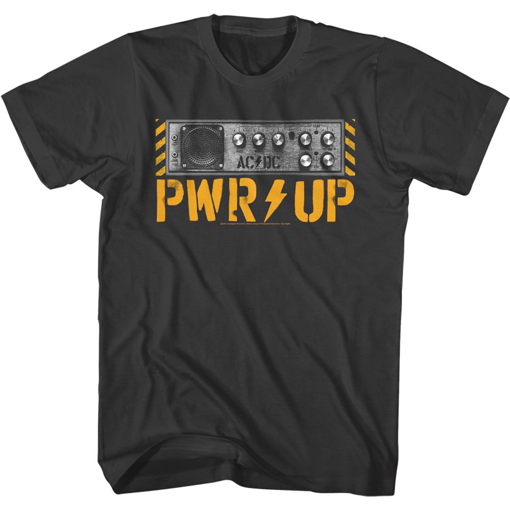 Smoke gray AC/DC t-shirt featuring Power Up album amp knobs design