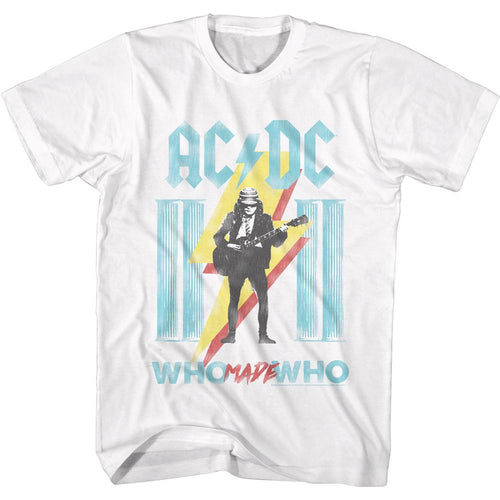 White AC/DC t-shirt featuring AC/DC columns graphic design