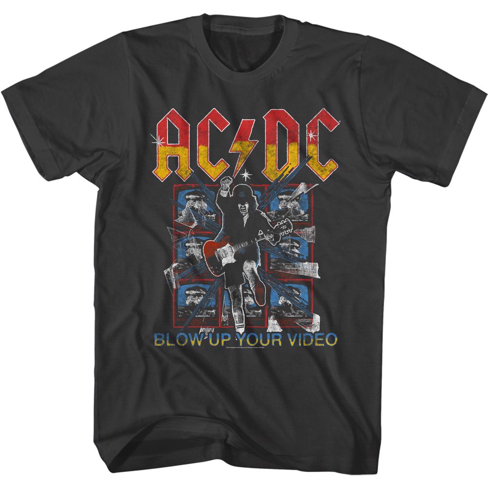 Smoke gray AC/DC t-shirt featuring Blow Up Your Video screens TV design