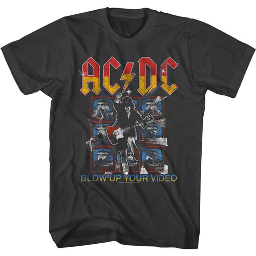 Smoke gray AC/DC t-shirt featuring Blow Up Your Video screens TV design