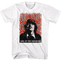White AC/DC t-shirt featuring Lock Up Your Daughters early AC/DC design