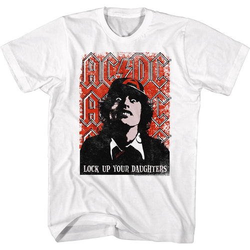 White AC/DC t-shirt featuring Lock Up Your Daughters early AC/DC design