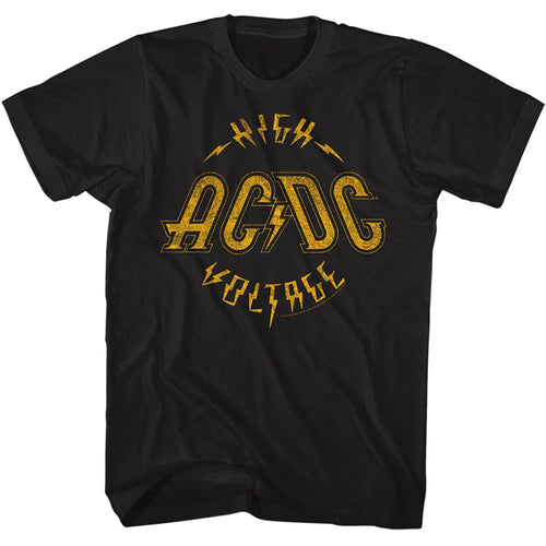 Black AC/DC t-shirt featuring AC/DC High Voltage light color design