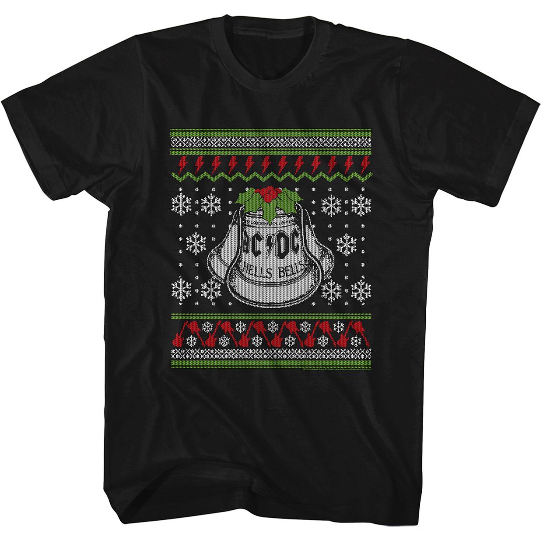 Black AC/DC t-shirt featuring AC/DC tacky Christmas sweater design