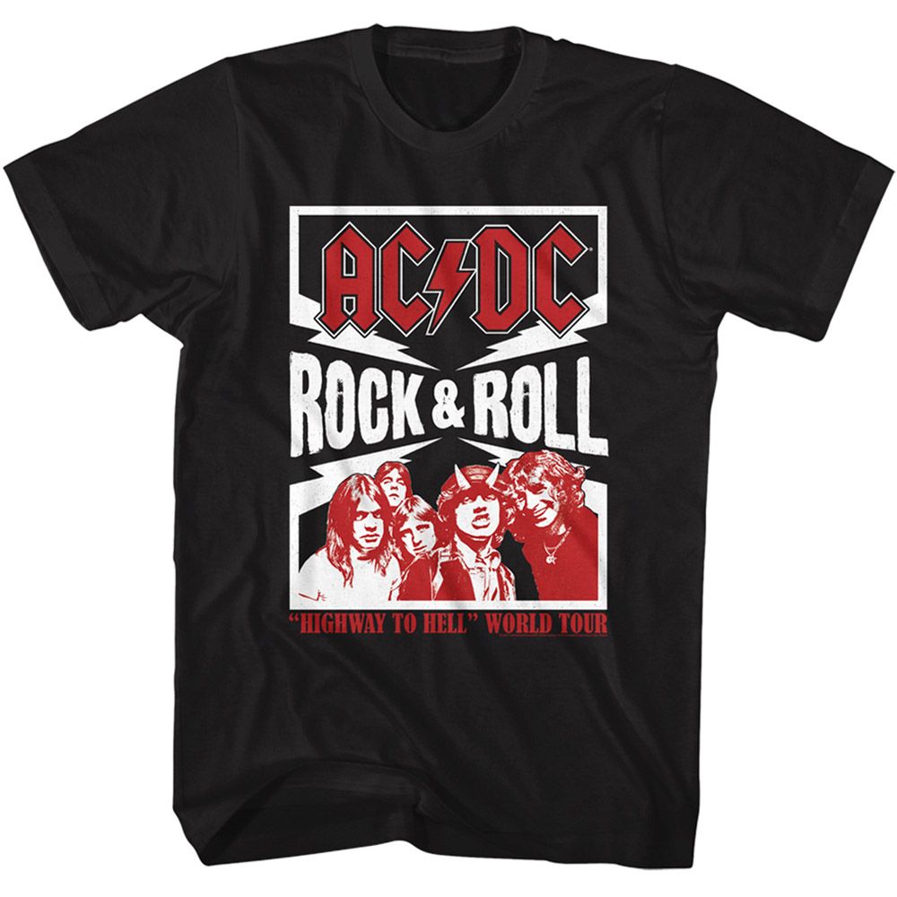 Black AC/DC t-shirt featuring AC/DC rock and roll lightning bolt design