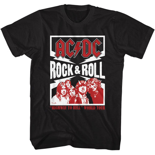 Black AC/DC t-shirt featuring AC/DC rock and roll lightning bolt design