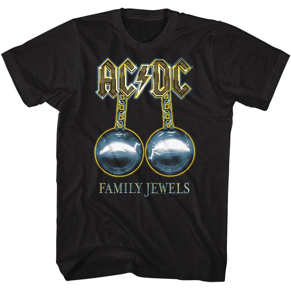 Black AC/DC t-shirt featuring Family Jewels DVD compilation design