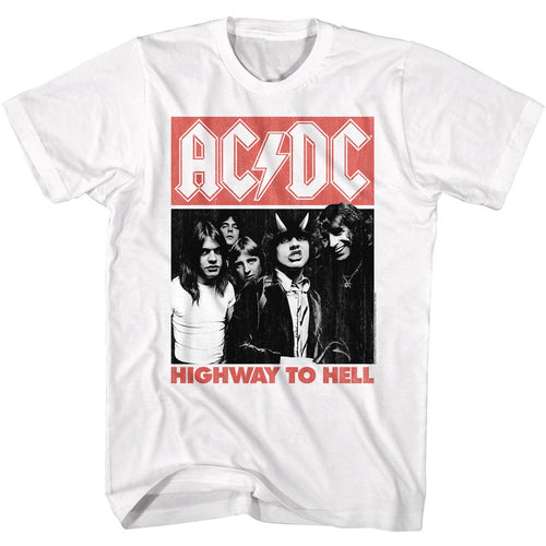 White AC/DC t-shirt featuring Highway to Hell devil horns Angus Young design