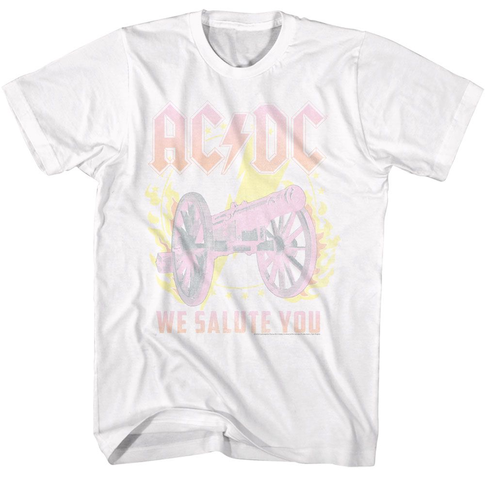 White AC/DC t-shirt featuring AC/DC flaming cannon For Those About to Rock