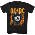 Black AC/DC t-shirt featuring Highway to Hell fire flames typography design