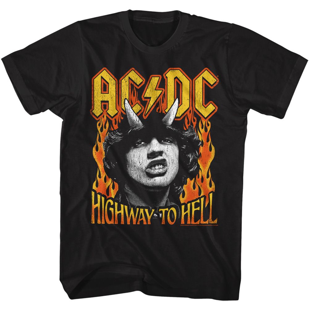 Black AC/DC t-shirt featuring Highway to Hell fire flames typography design