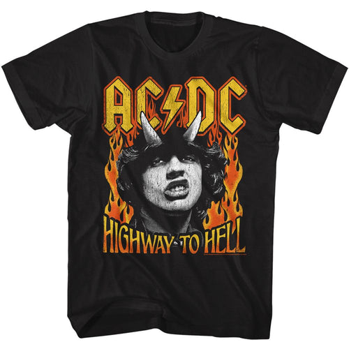 Black AC/DC t-shirt featuring Highway to Hell fire flames typography design