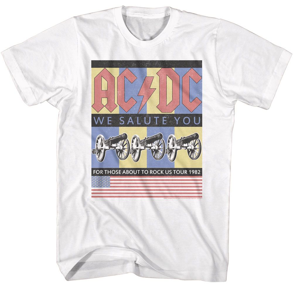 White AC/DC t-shirt featuring For Those About to Rock flag salute design