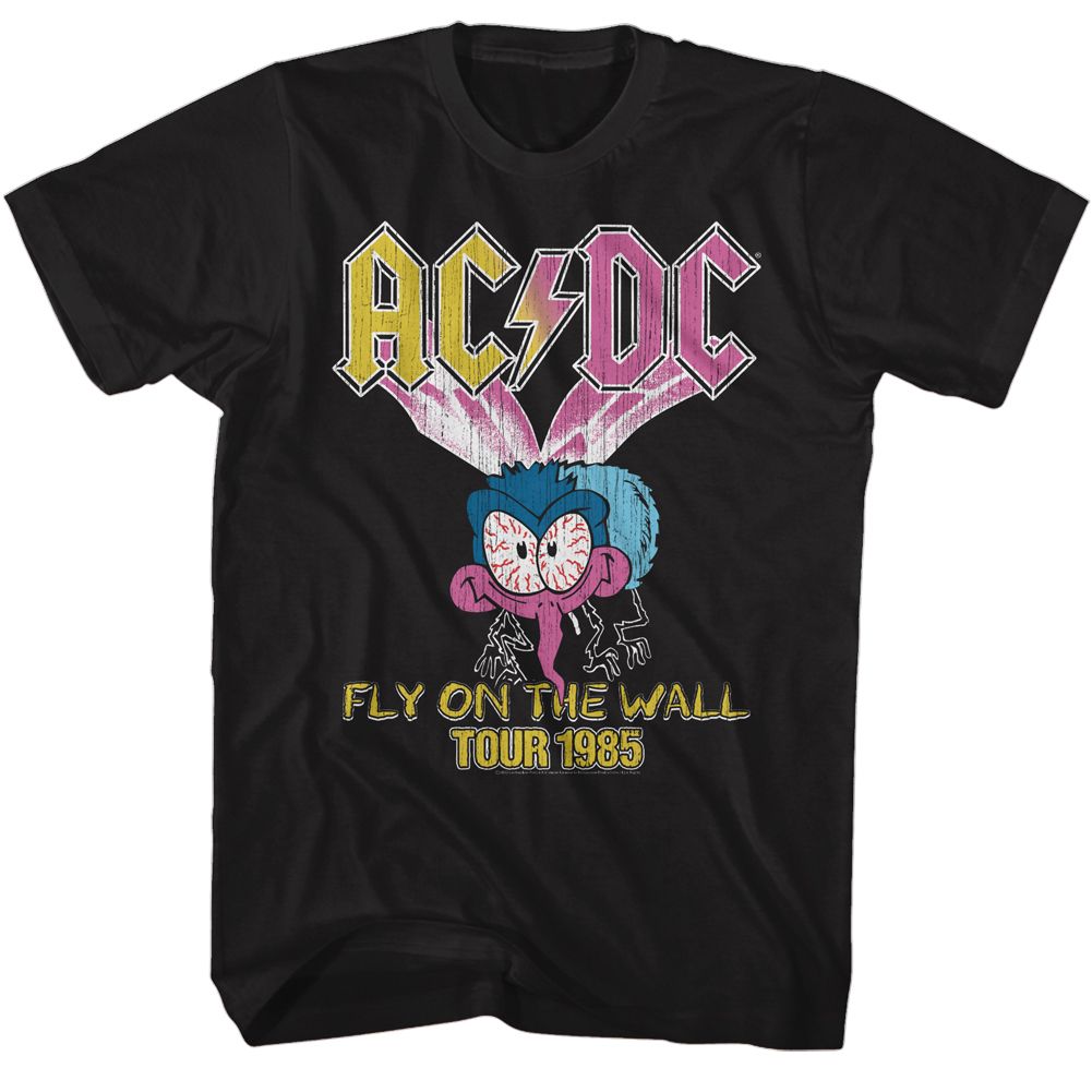 Black AC/DC t-shirt featuring AC/DC large fly Fly on the Wall design