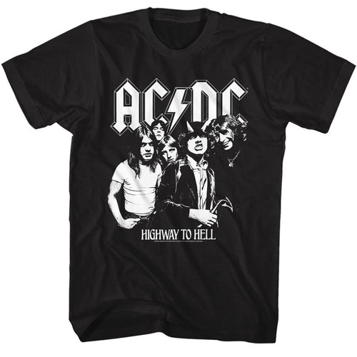 Black AC/DC t-shirt featuring AC/DC band black and white highway photo