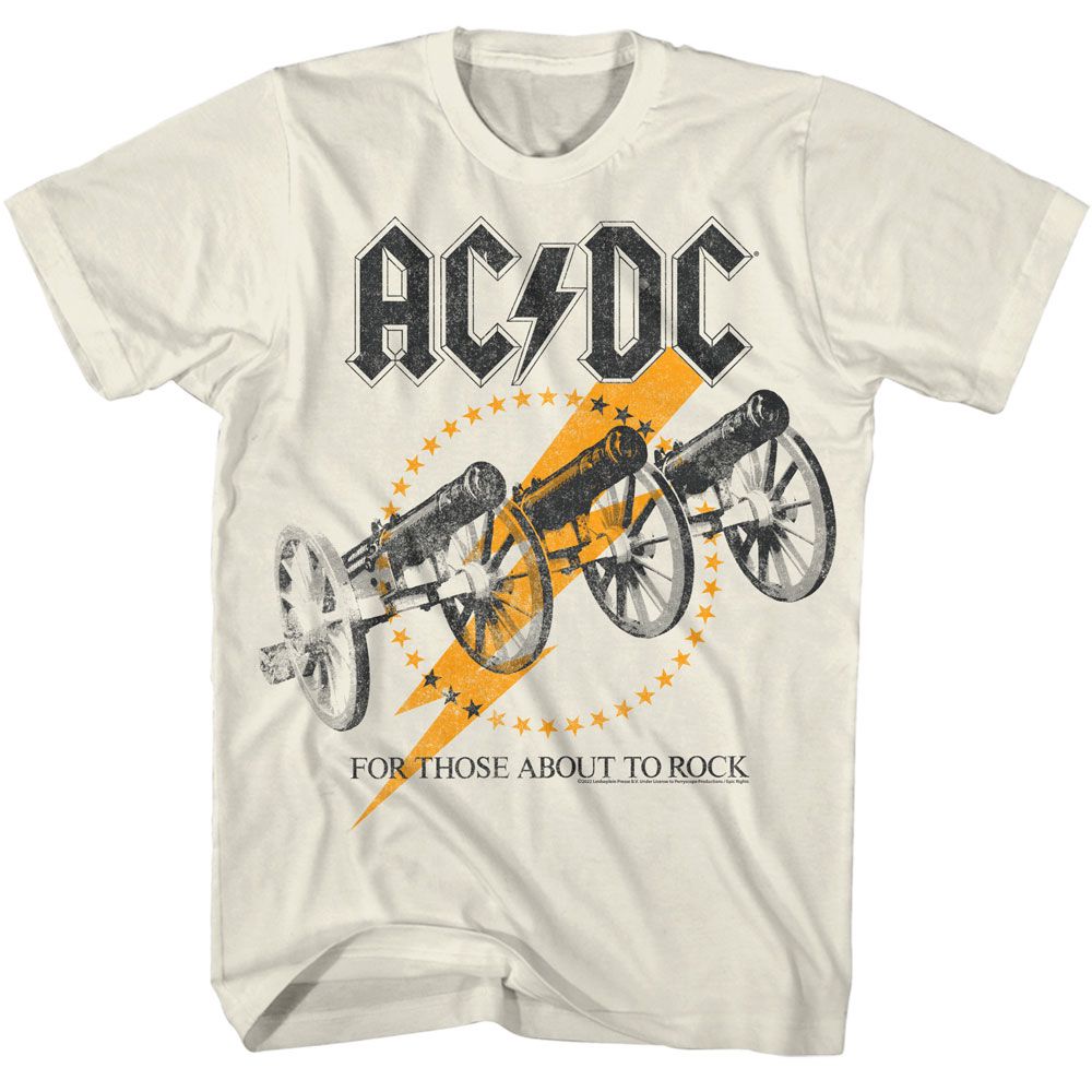 Natural AC/DC t-shirt featuring AC/DC flashy cannons stage design For Those About to Rock