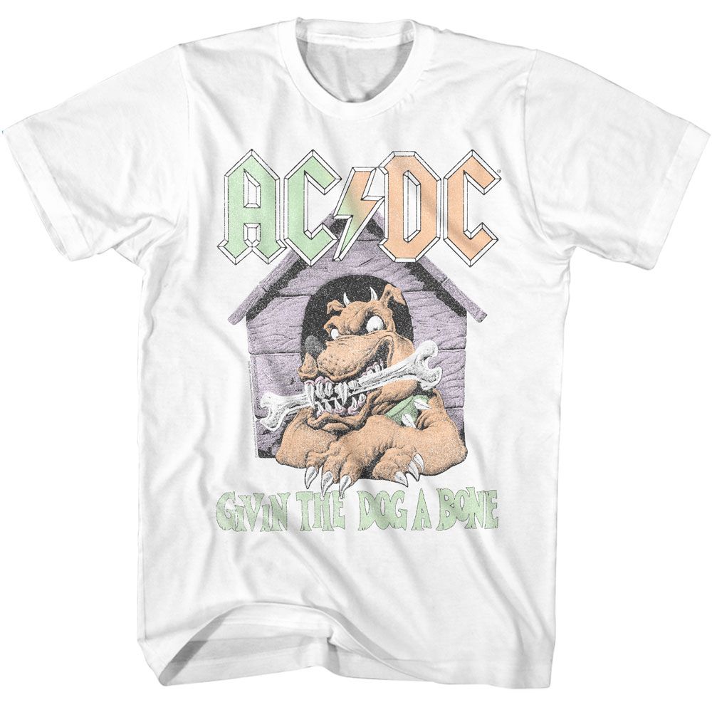 White AC/DC t-shirt featuring Givin the Dog a Bone Back in Black song design