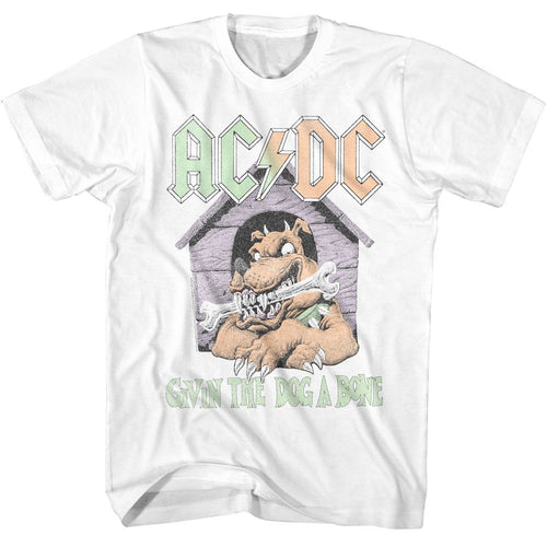 White AC/DC t-shirt featuring Givin the Dog a Bone Back in Black song design