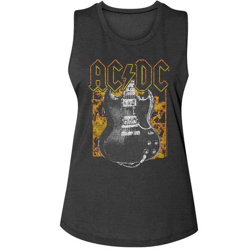 AC/DC Ladies Muscle Tank - Fire and Guitar