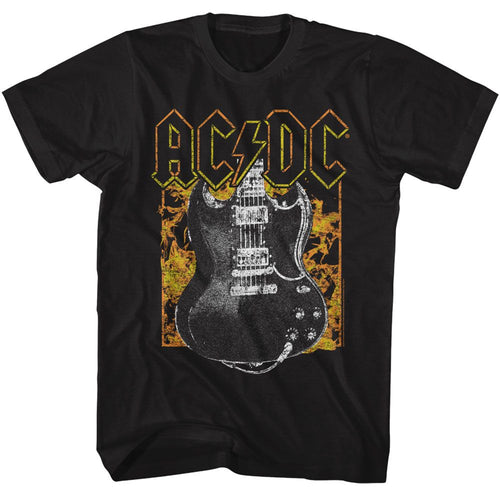 Black AC/DC t-shirt featuring AC/DC fire and guitar design