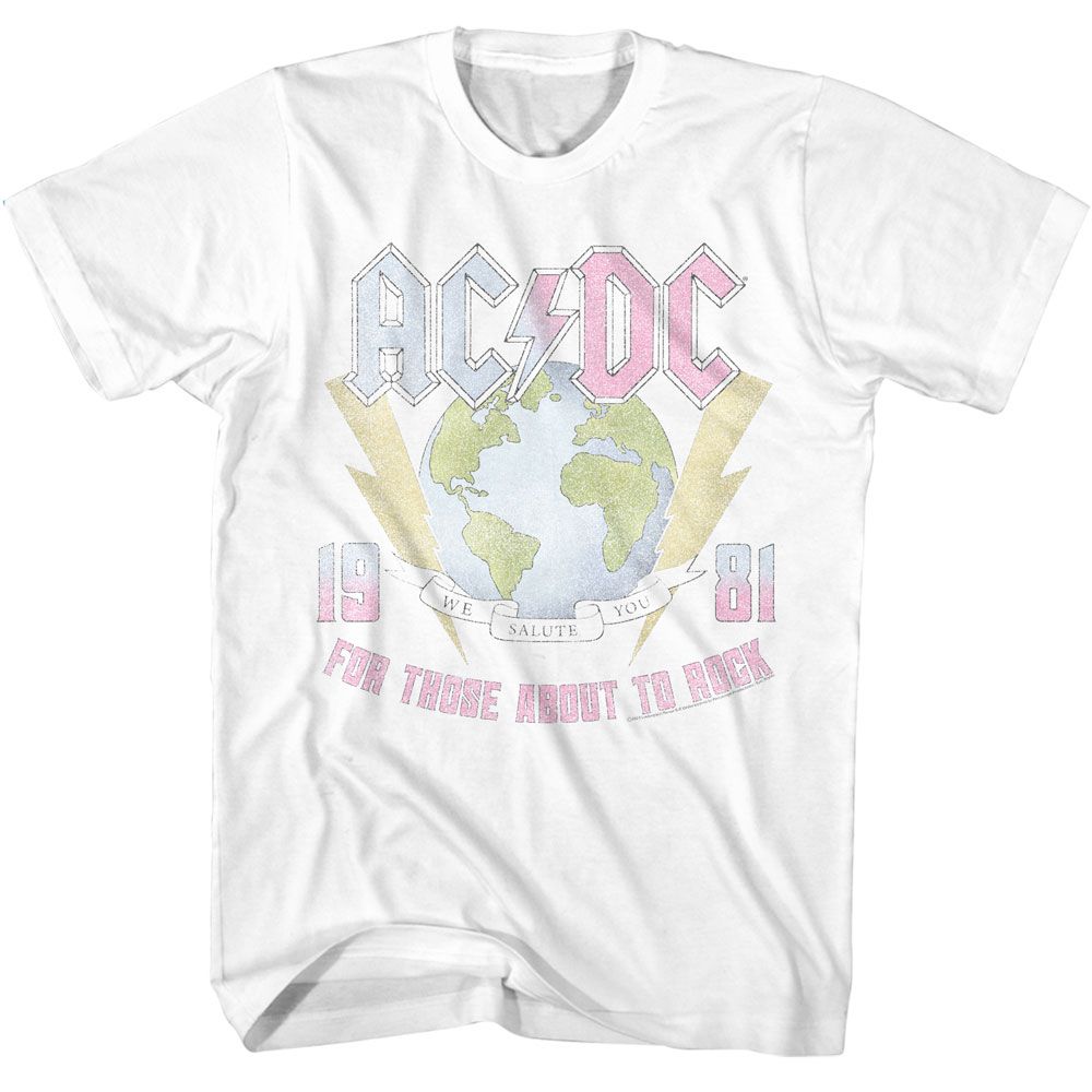White AC/DC t-shirt featuring Earth globe For Those About to Rock world design