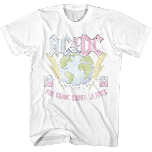 White AC/DC t-shirt featuring Earth globe For Those About to Rock world design