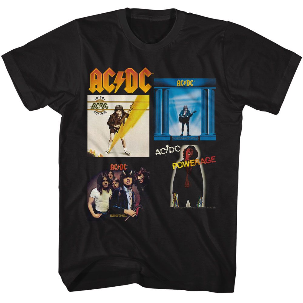 Black AC/DC t-shirt featuring AC/DC multi-album montage design