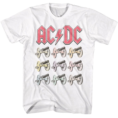 White AC/DC t-shirt featuring AC/DC multi-color cannons For Those About to Rock