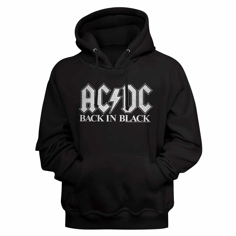 Black AC/DC pullover hoodie featuring a Back in Black Logo design
