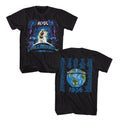 Black AC/DC t-shirt featuring Back in Black world tour vintage poster design