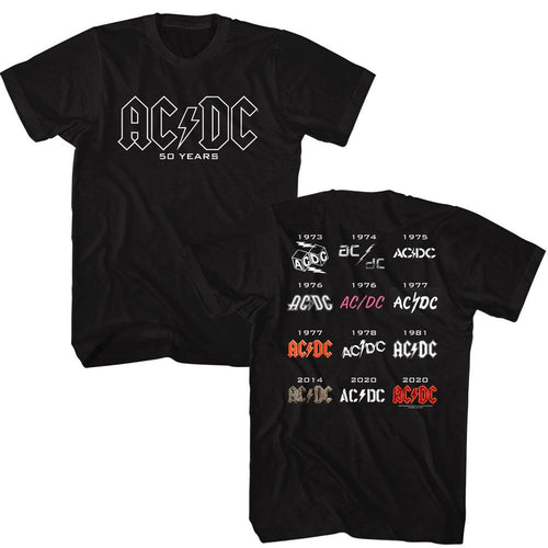 Black AC/DC t-shirt featuring AC/DC 50 years logos front and back design