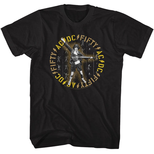 Black AC/DC t-shirt featuring AC/DC 50 years anniversary design
