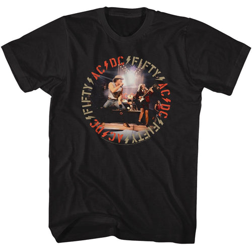 Black AC/DC t-shirt featuring AC/DC band on stage 50 years design
